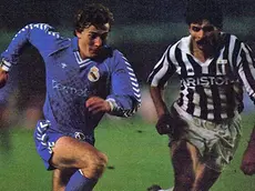 Favero a contrasto con Butragueño in un Juve-Real di Coppa Campioni 1986-87