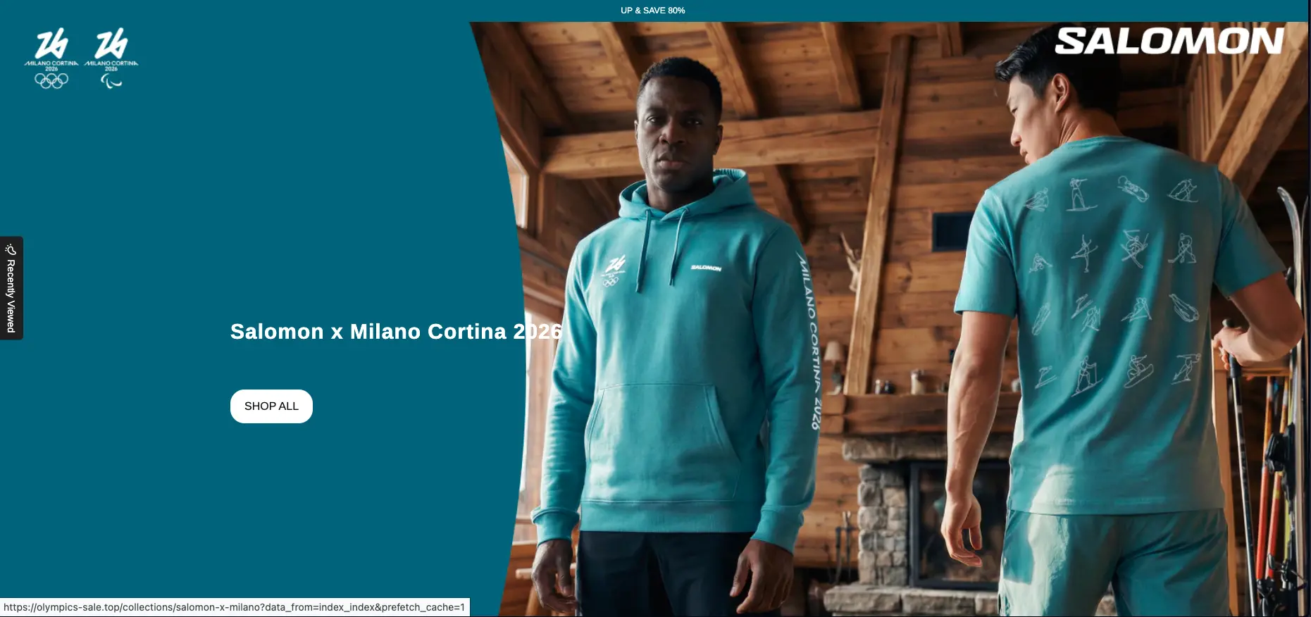 Un immagine del sito "specchio" che imita quello ufficiale ed è una probabile truffa: si noti il posizionamento centrale della collaborazione tra Solomon e Milano Cortina, che scavalca e finisce nella foto