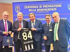 Il n°1 della Figc Gabriele Gravina, Dino Zoff, sabato 84 anni, Ermes Canciani, il presidente della Marianese Cristiano Silvestri e Giancarlo Abete (Lnd)