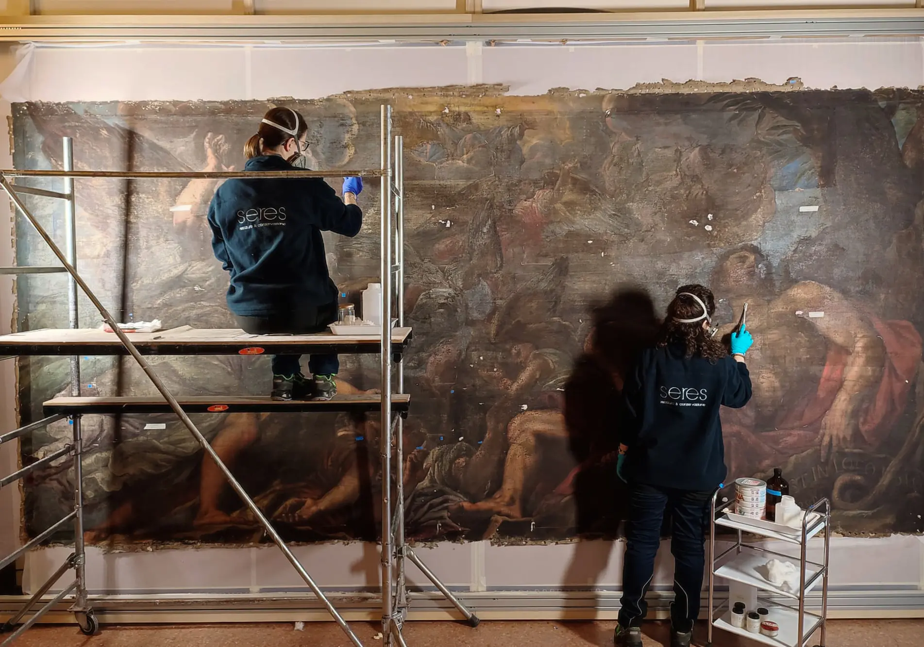 Una fase del restauro del Sogno di Giacobbe