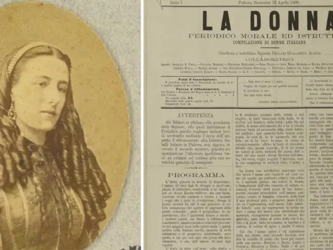 Gualberta Alaide Beccari e a destra il periodico da lei fondato "La donna"