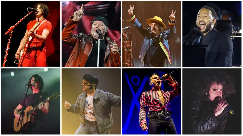 Alcune degli artisti che si esibiranno a Nord Est. Da sinistra in alto Jack White, Vasco, Zucchero e John Legend; in basso, Motta, Tony Pitony, il leader dei Litfiba Piero Pelù e Caparezza