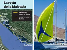 Le tappe del viaggio: da Chioggia fino a Ragusa/Dubrovnik e, a destra, il glorioso due alberi in andatura portante, sotto spinnaker