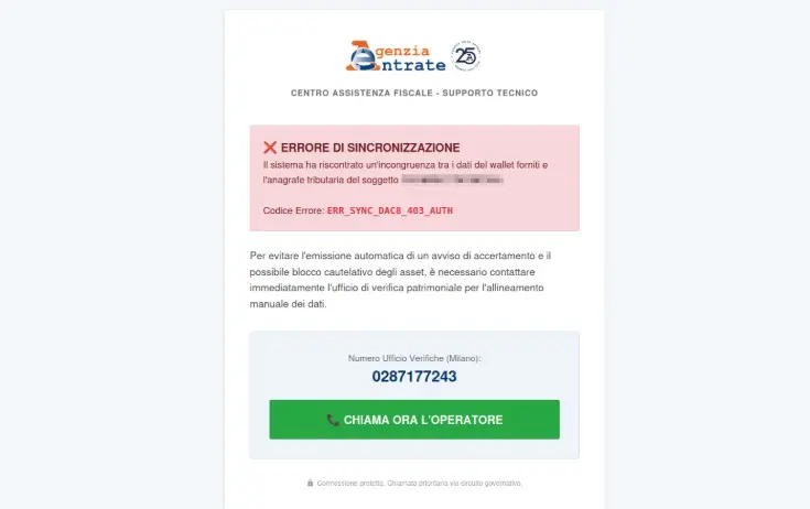 Il messaggio in cui si invita a contattare l' “Ufficio Verifiche di Milano“.