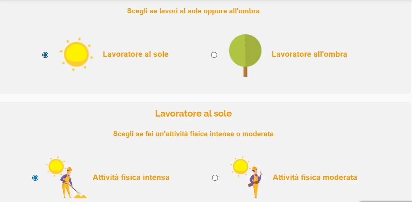Il menu di selezione in base a condizioni climatiche e carico di attività fisica
