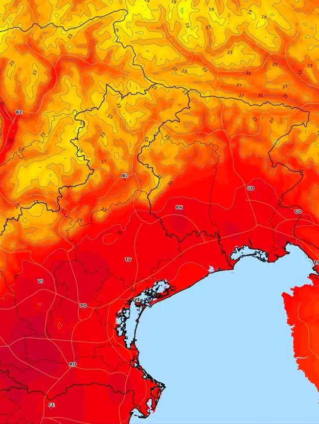 Le massime a Nordest in una giornata di fine giugno fonte: Meteo Network