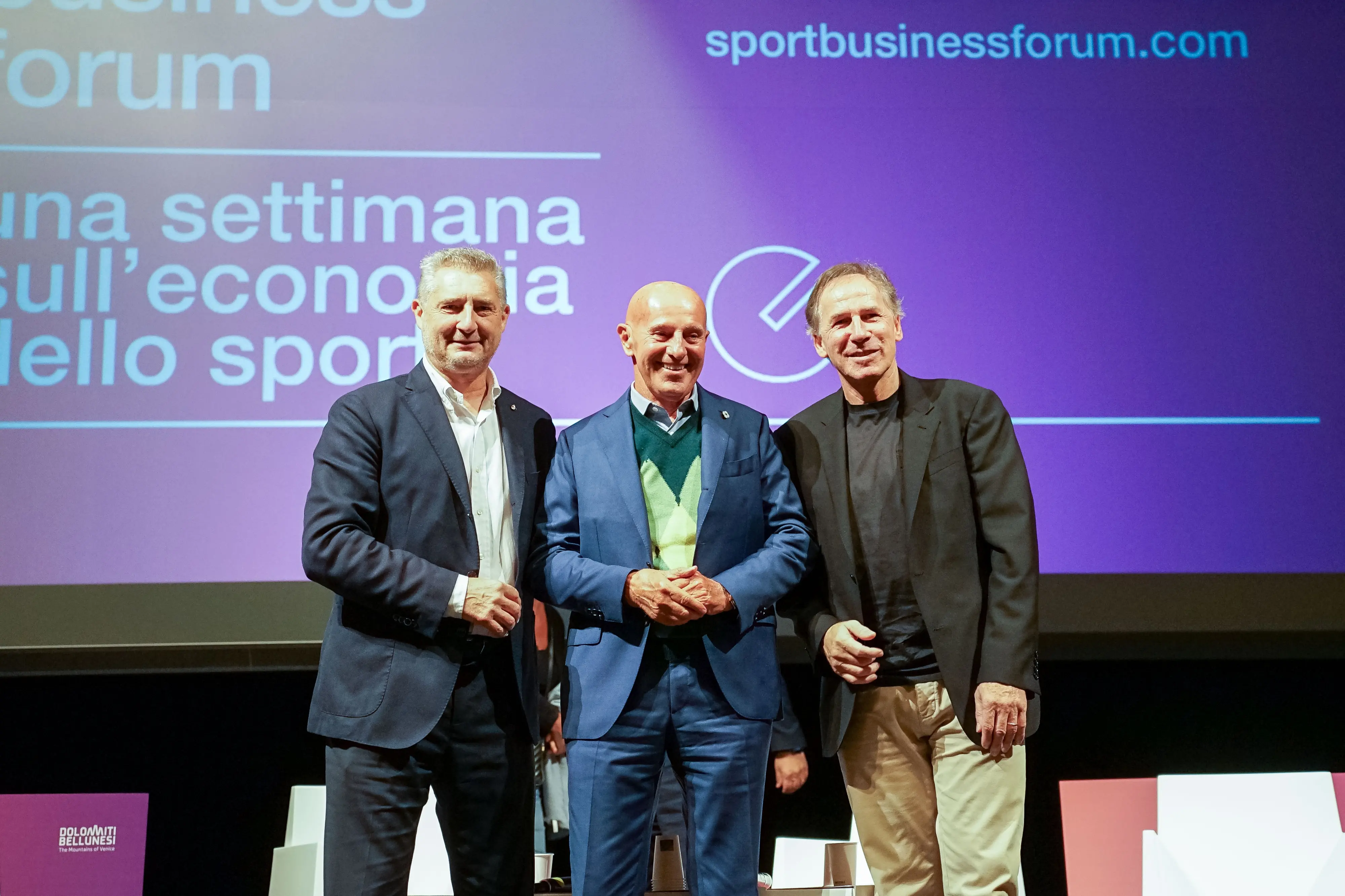 Daniele Massaro, Arrigo Sacchi e Franco Baresi sul palco di Sport Business Forum a Belluno