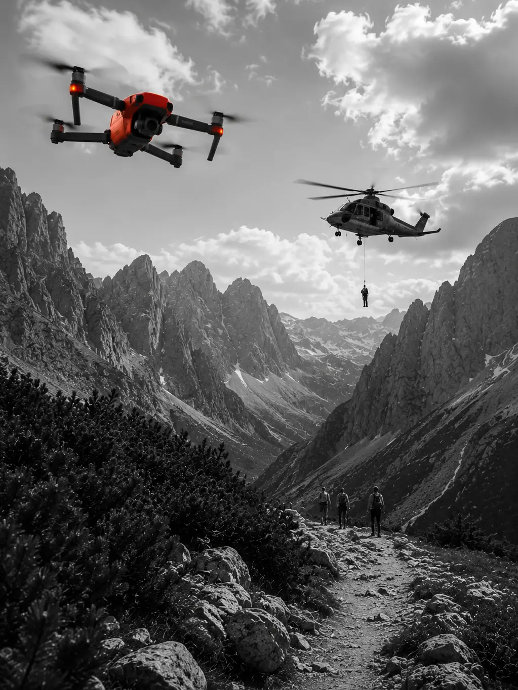 Un drone in volo durante un intervento del soccorso alpino (immagine generata con l'intelligenza artificiale)