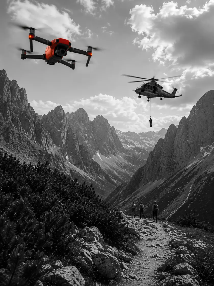 Un drone in volo durante un intervento del soccorso alpino (immagine generata con l'intelligenza artificiale)