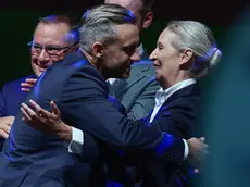 epa13218294 Top candidate Ulrich Siegmund (C) poses with party and parliamentary group co-chairwoman Alice Weidel (R) and party and parliamentary group co-chairman Tino Chrupalla during a far-right Alternative for Germany (AfD) election party following Saxony-Anhalt state election, in Magdeburg, Germany, 06 September 2026. Voters in Saxony-Anhalt are casting ballots to elect a new state parliament. EPA/FILIP SINGER