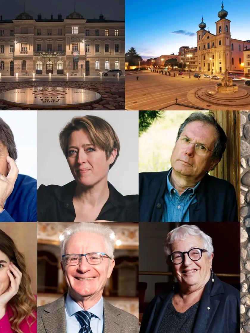 I relatori di Frontiere: da sinistra in senso orario Alessandro Vanoli, Matteo Lancini, Vera Gheno, Maurizio Ferraris, Anna Foa, Paolo Ferri, Giada Messetti e Stefano Velotti
