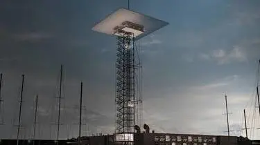 Un rendering del progetto della nuova torre dei piloti del porto di Genova, disegnata da Renzo Piano per sostituire quella abbattuta dal cargo Jolly Nero durante una manovra il 7 settembre del 2013 causando nove morti, presentato alla stampa a Palazzo San Giorgio, 19 giugno 2015 a Genova. ANSA/ LUCA ZENNARO