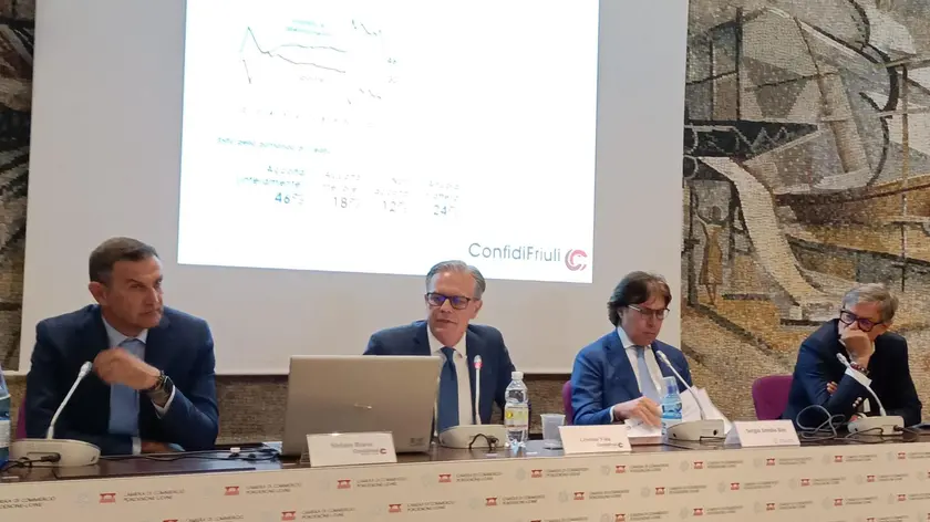 Da sinistra il direttore del Confidi Friuli Stefano Bravo, il presidente Cristian Vida, l'assessore Sergio Bini e il presidente della Cciaa Pordenone-Udine Giovanni Da Pozzo