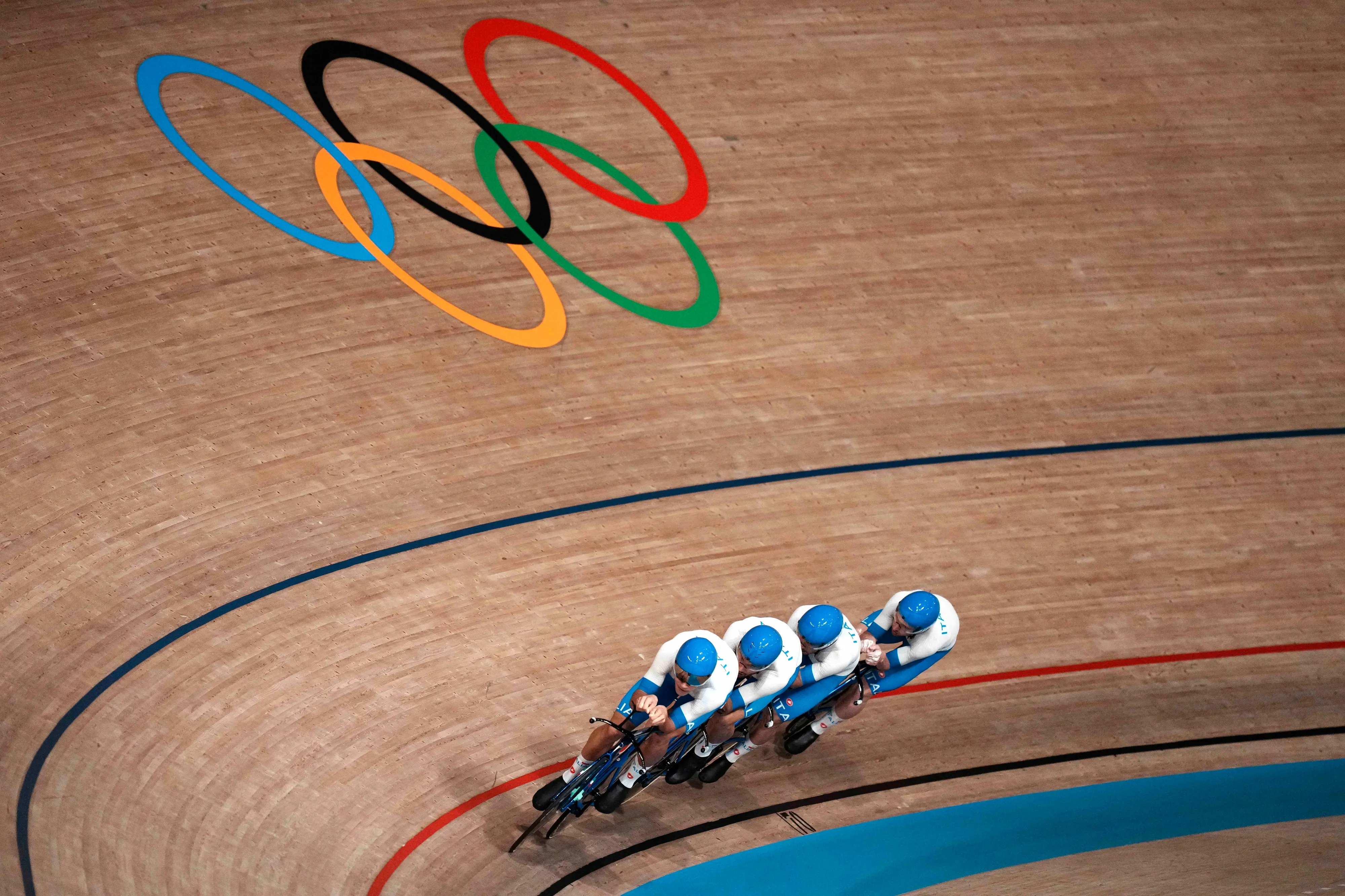 Team Italy competes during the track cycling men's team pursuit at the 2020 Summer Olympics, Wednesday, Aug. 4, 2021, in Izu, Japan. (AP Photo/Thibault Camus)