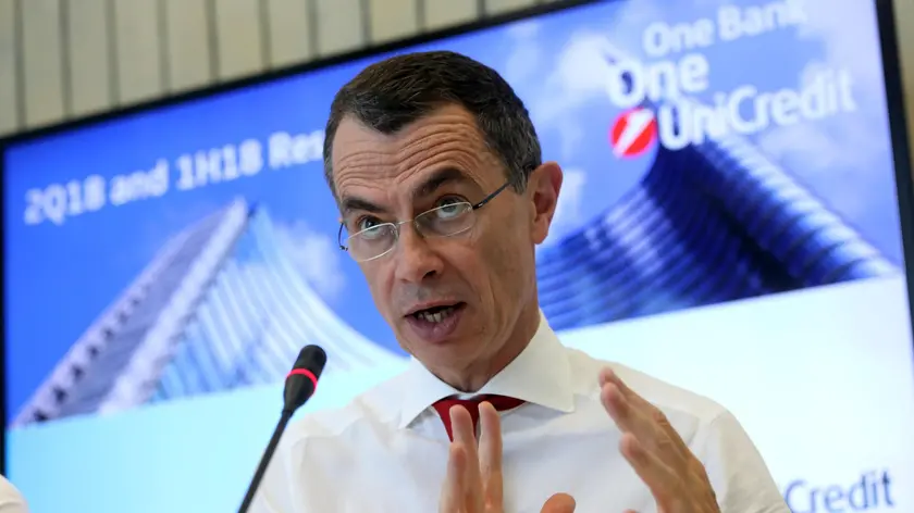 Il ceo di Unicredit Jean Pierre Mustier durante la presentazione dei risultati semestrali del gruppo, Milano, 7 Agosto 2018. .ANSA / MATTEO BAZZI