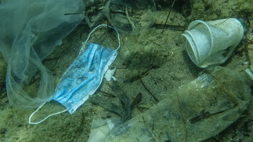 BECICI AND BUDVA, BUDVA MUNICIPALITY, MONTENEGRO - JULY 31, 2020: Plastic and other garbage polluting in the Adriatic Sea. Used medical face masks dis...