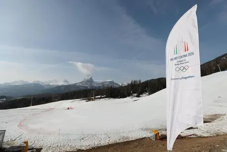 L'area presentata ai membri del CIO incaricati dell'ispezione per la candidatura delle Olimpiadi Invernali di Milano-Cortina 2026 sulla pista Rumerlo a Cortina d'Ampezzo, in una immagine del 02 aprile 2019. ANSA/ANDREA SOLERO