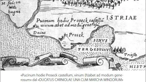 Particolare della mappa del 1569 dove compare la località Prosecco