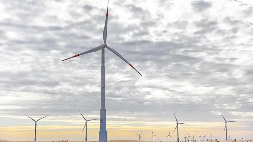 Wind turbines in desert landscape, Taiba, Ceara, Brazil