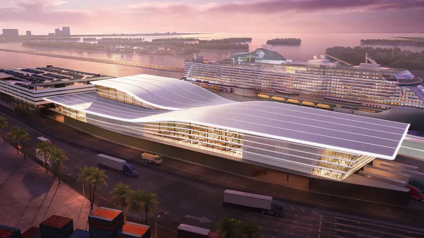 Il rendering del nuovo terminal che Fincantieri realizzerà per le navi Msc nel porto di Miami