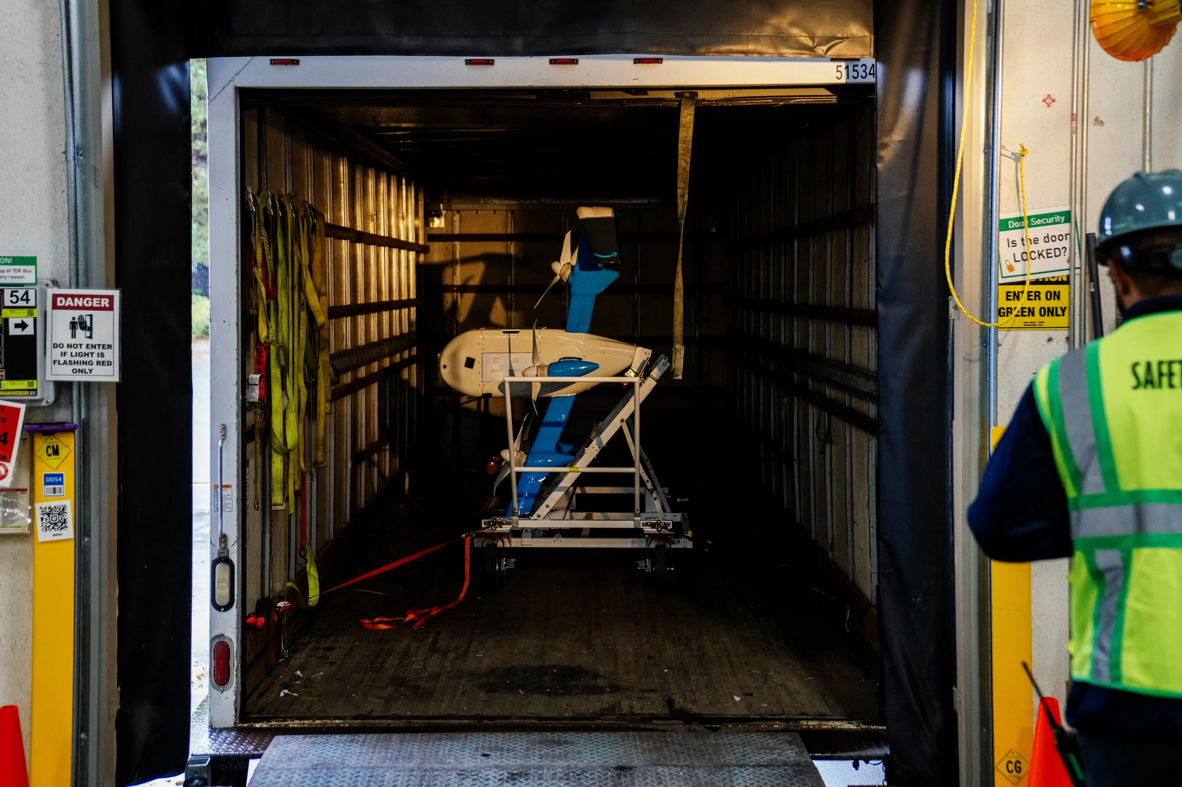 The new MK30 Prime Air drone is seen in a truck at a loading bay at the BFI1 Amazon Fulfillment Center in Sumner, Washington, USA, on Wed., Oct. 11, 2023.