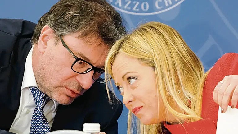 Italian Prime Minister Giorgia Meloni and Italian Economy Minister Giancarlo Giorgetti during a press conference in Rome, Italy, 22 November 2022. ANSA/FABIO FRUSTACI