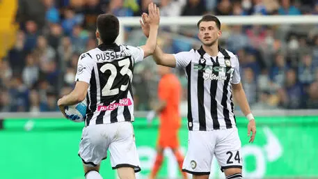 Udinese's Ignacio Pussetto (L) jubilates with his teammate Lazar Samardzic after scoring the goal during the Italian Serie A soccer match Udinese Calcio vs FC Internazionale at the Friuli - Dacia Arena stadium in Udine, Italy, 1 May 2022. ANSA/GABRIELE MENIS