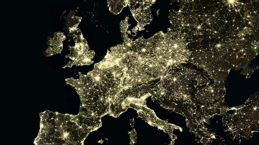 Europe at night. Satellite image of Europe at night, showing urban and industrial lights (yellow). The North Sea (dark, upper centre), Atlantic Ocean ...