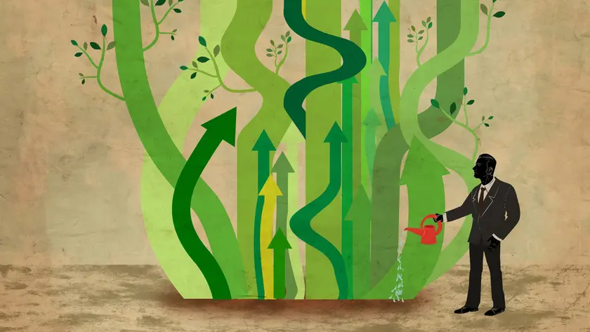 Illustrative image of business man watering arrows representing business growth