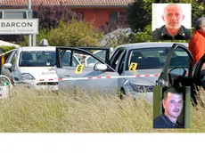 L'auto dei banditi in fuga a Barcon. Sopra il vigilante Zen, sotto la vittima Manuel Major