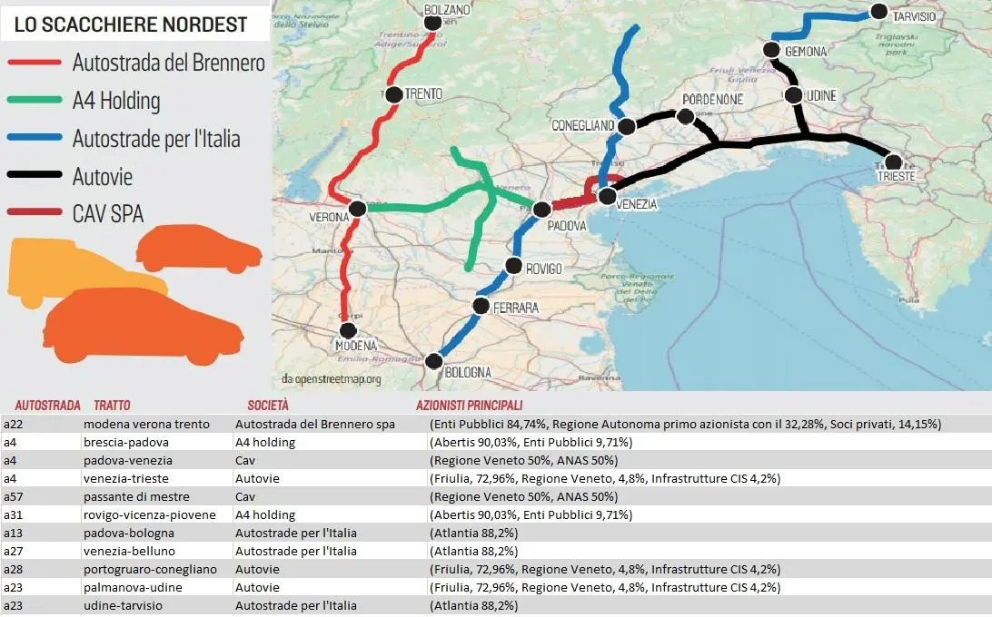 La mappa delle autostrade a Nordest