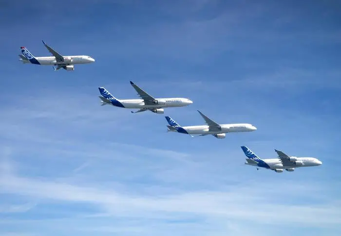 epa05711062 A handout photo dated 11 August 2016, made available by Airbus, showing Airbus planes from L-R A320, A330, A350-500 and A380 flying in formation at an undisclosed location. Airbus on 11 January 2017 in their press release said their commercial aircraft deliveries in 2016 increased for the 14th year in a row, reaching a new record for Airbus of 688 aircraft delivered to 82 customers. Airbus said their deliveries were more than 8 per cent higher than the previous record of 635 set in 2015. The planes delivered included 545 single aisle A320 Family of which 68 were A320neo, 66 A330s, 49 A350 XWBs and 28 A380s. Over 40 per cent of single aisle deliveries were the larger A321 models. EPA/AIRBUS / H. GOUSSE / HANDOUT HANDOUT EDITORIAL USE ONLY/NO SALES