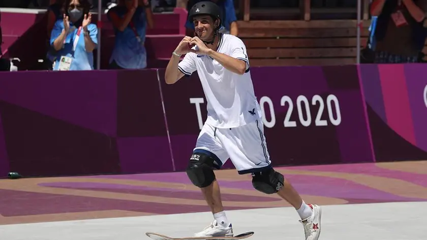 epa09396466 Cory Juneau of the USA gestures during the Men's Park Skateboarding Finals at the Tokyo 2020 Olympic Games at the Ariake Urban Sports Park in Tokyo, Japan, 05 August 2021. EPA/FAZRY ISMAIL