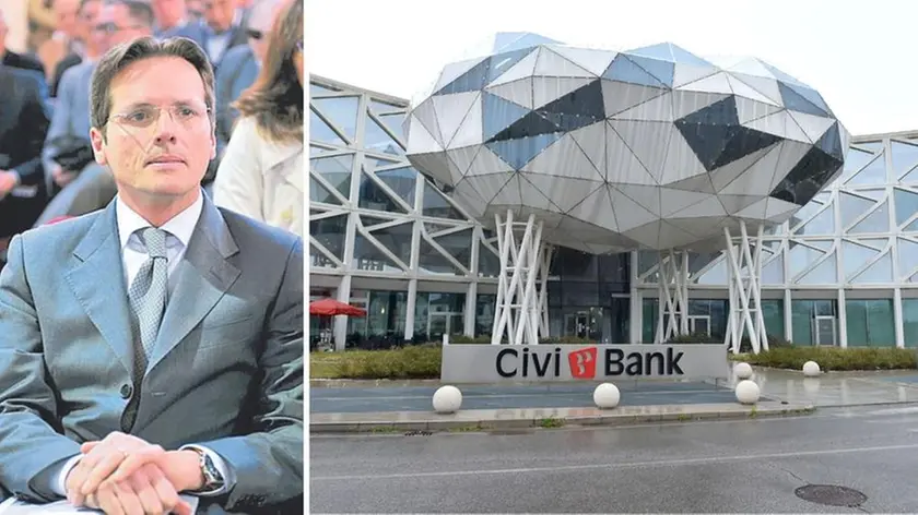 Il vicepresidente di Civibank, Andrea Stedile, e la sede centrale dell’istituto di credito friulano