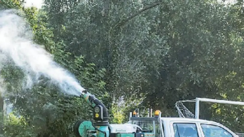Operatori al lavoro spruzzano insetticida contro le zanzare